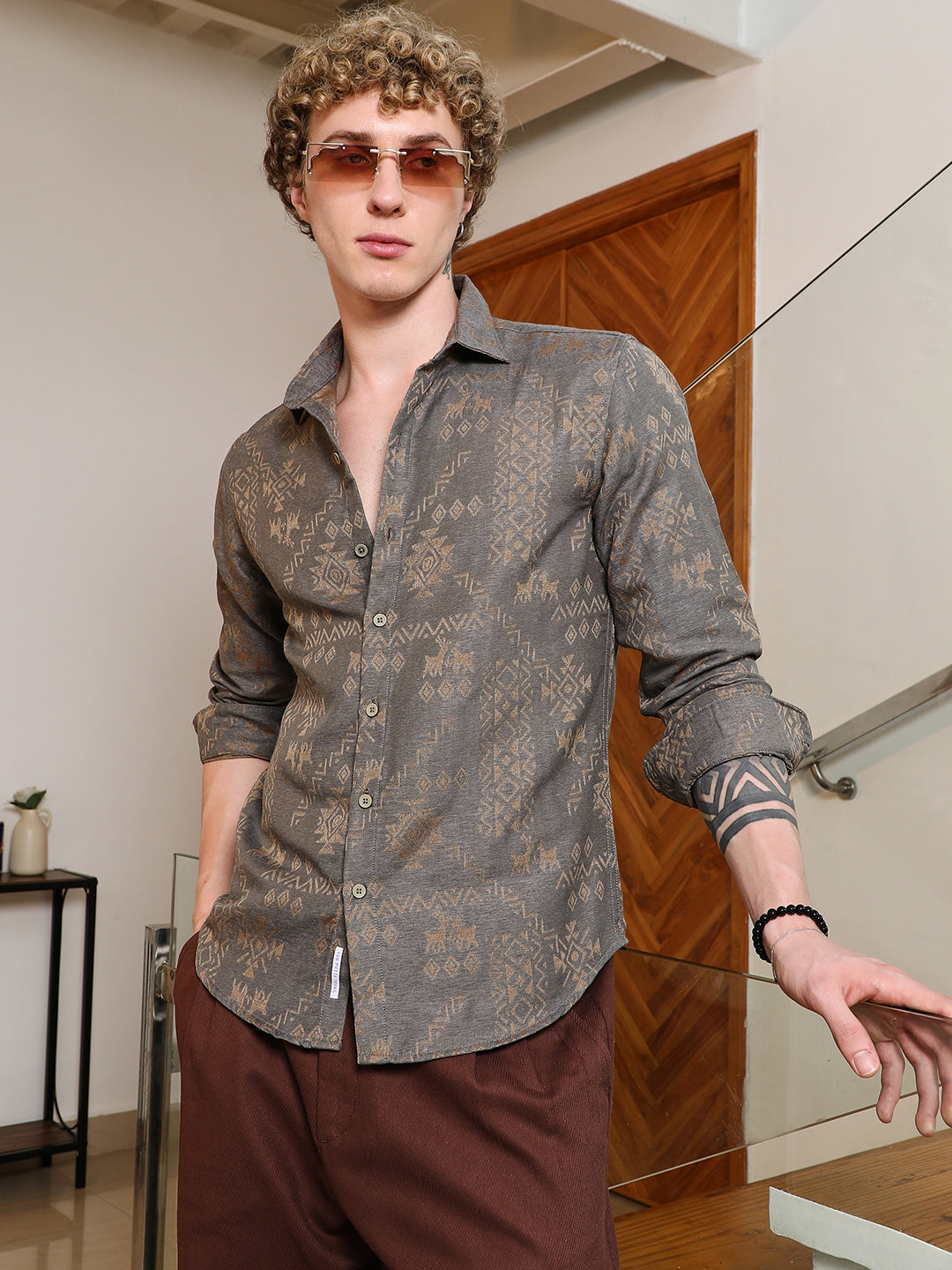 Grey Ethnic Motif Full Sleeve Shirt