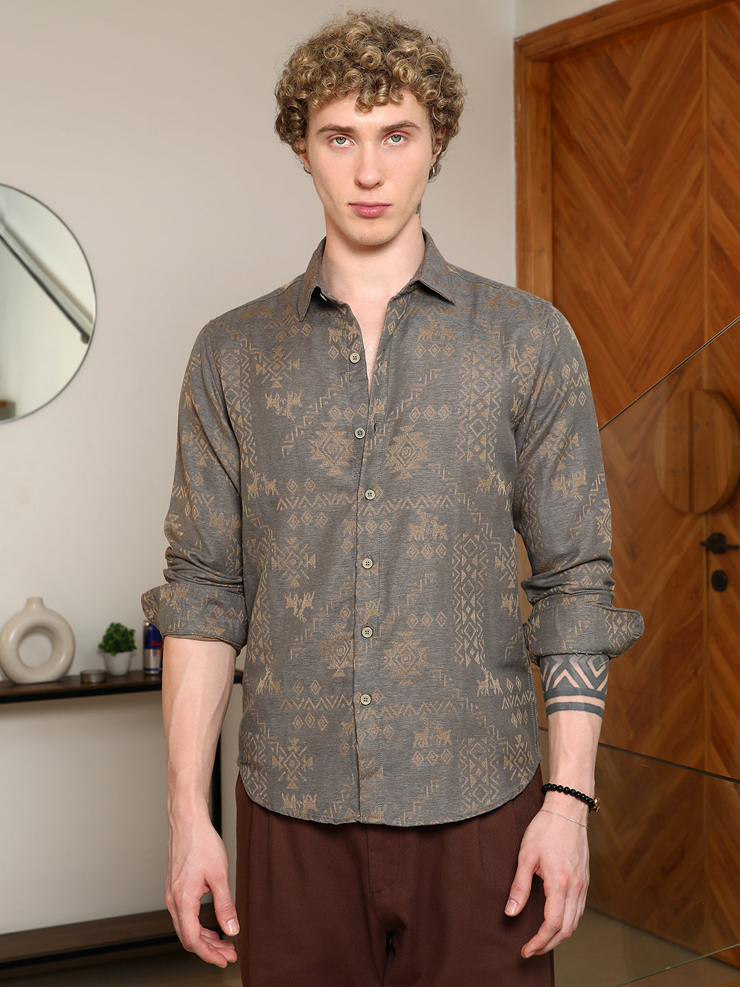 Grey Ethnic Motif Full Sleeve Shirt