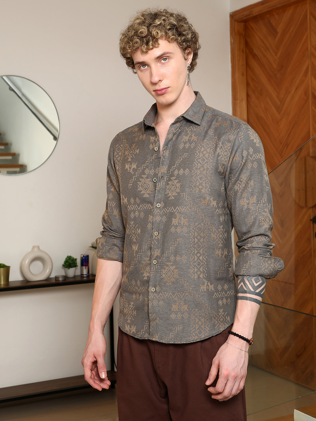 Grey Ethnic Motif Full Sleeve Shirt
