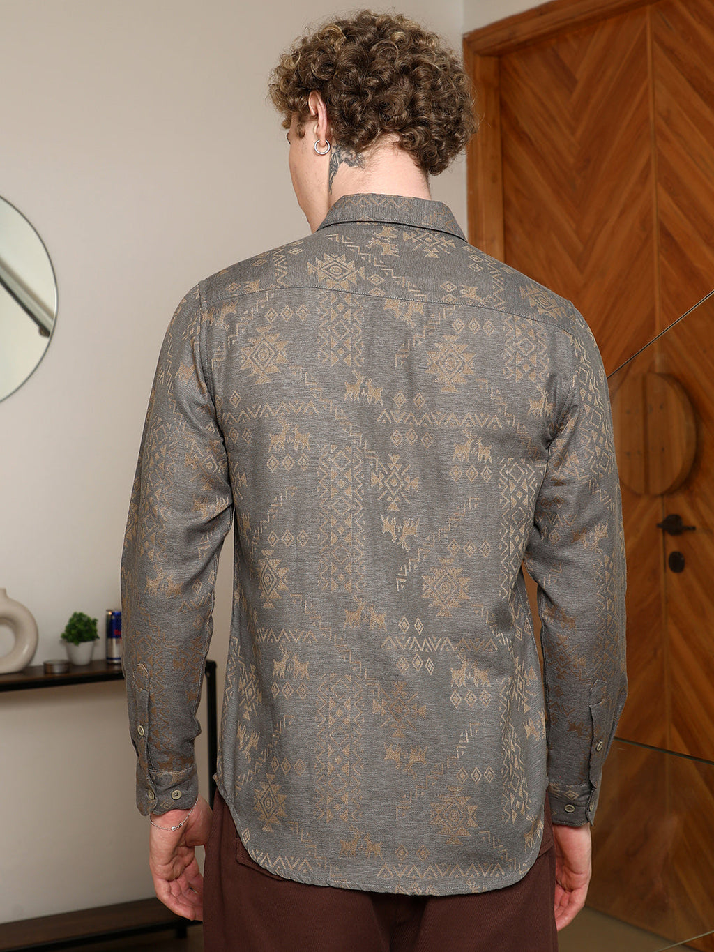 Grey Ethnic Motif Full Sleeve Shirt