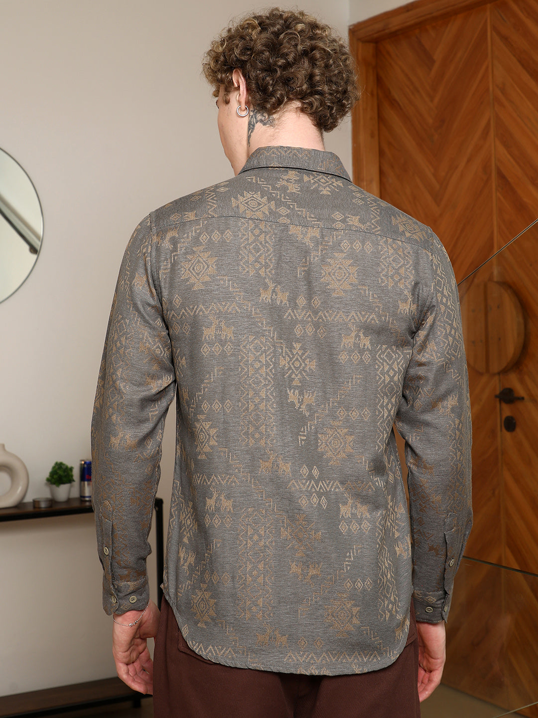 Grey Ethnic Motif Full Sleeve Shirt