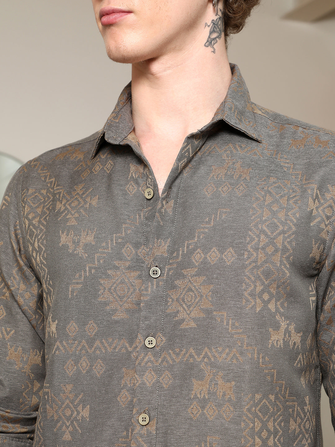 Grey Ethnic Motif Full Sleeve Shirt