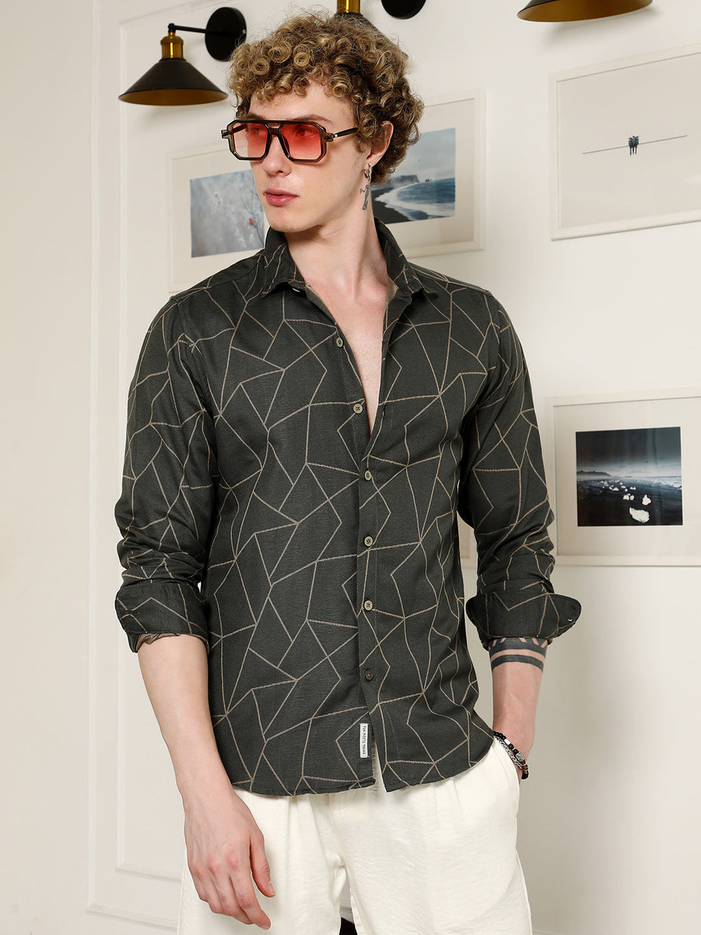 Dark Green Geometric Pattern Full Sleeve Shirt