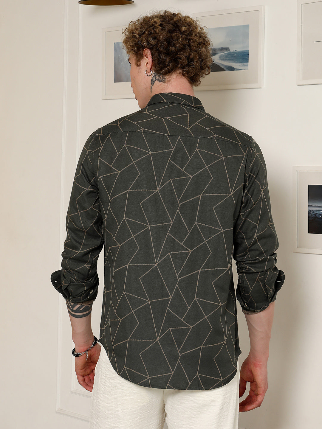 Dark Green Geometric Pattern Full Sleeve Shirt