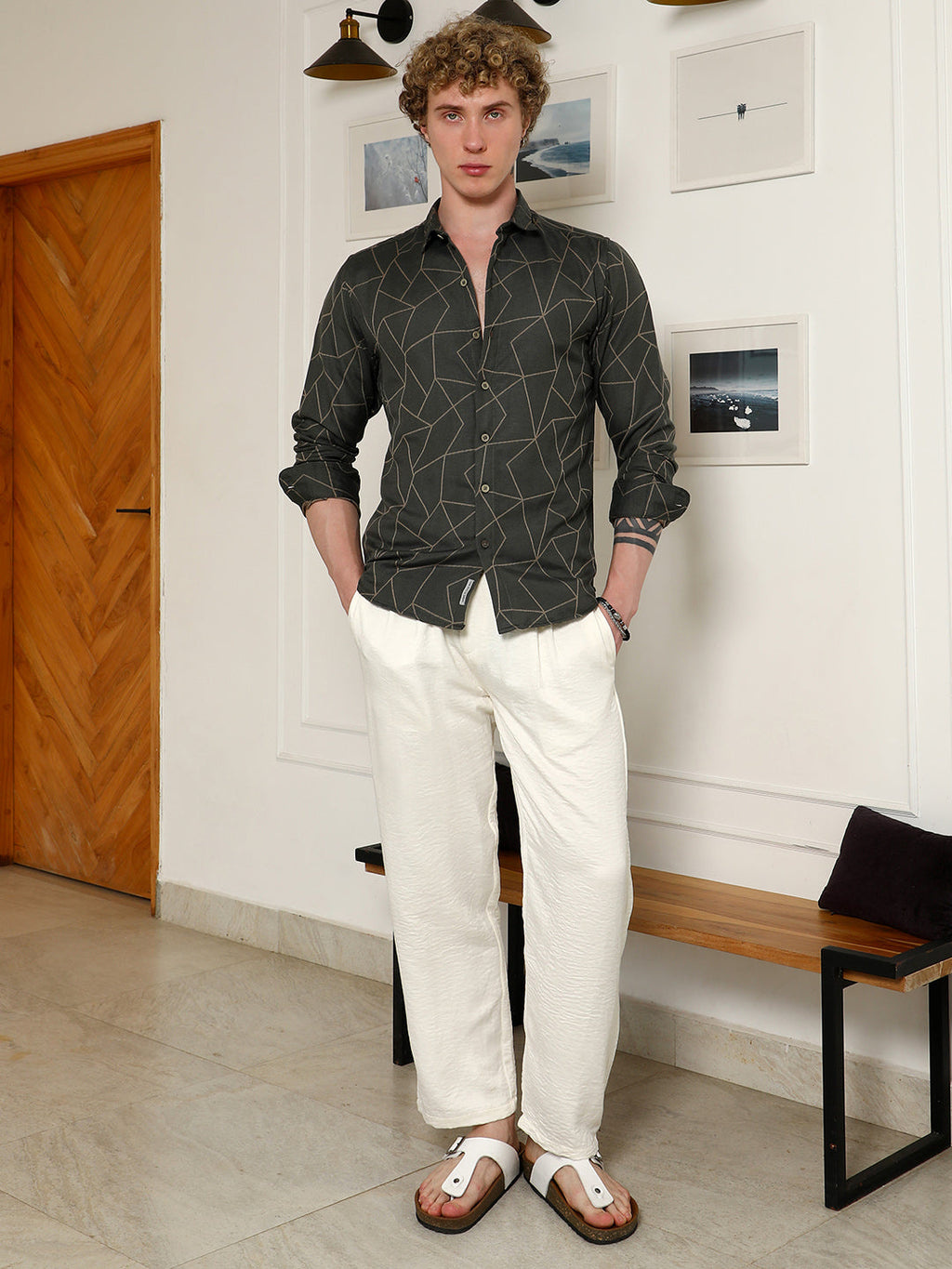 Dark Green Geometric Pattern Full Sleeve Shirt