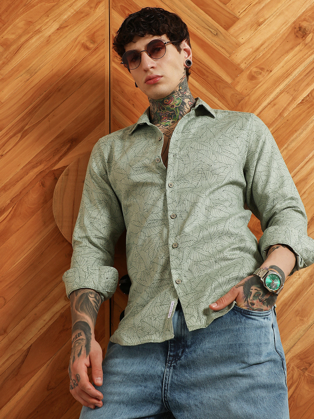 Light Green Leaf Pattern Slim Fit Shirt