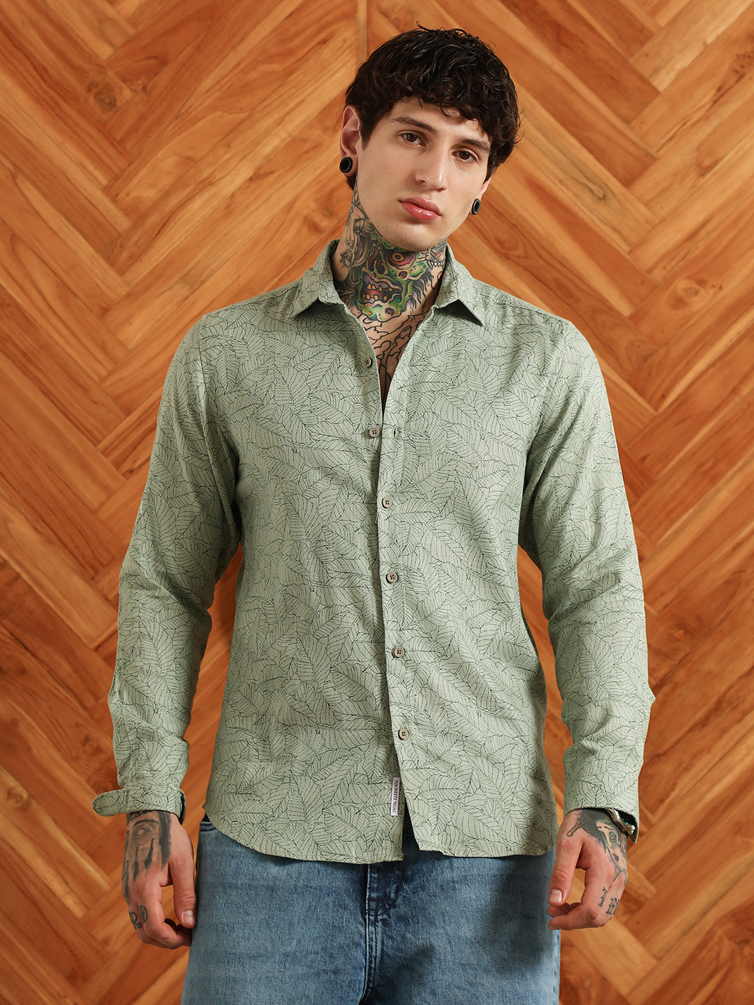 Light Green Leaf Pattern Slim Fit Shirt