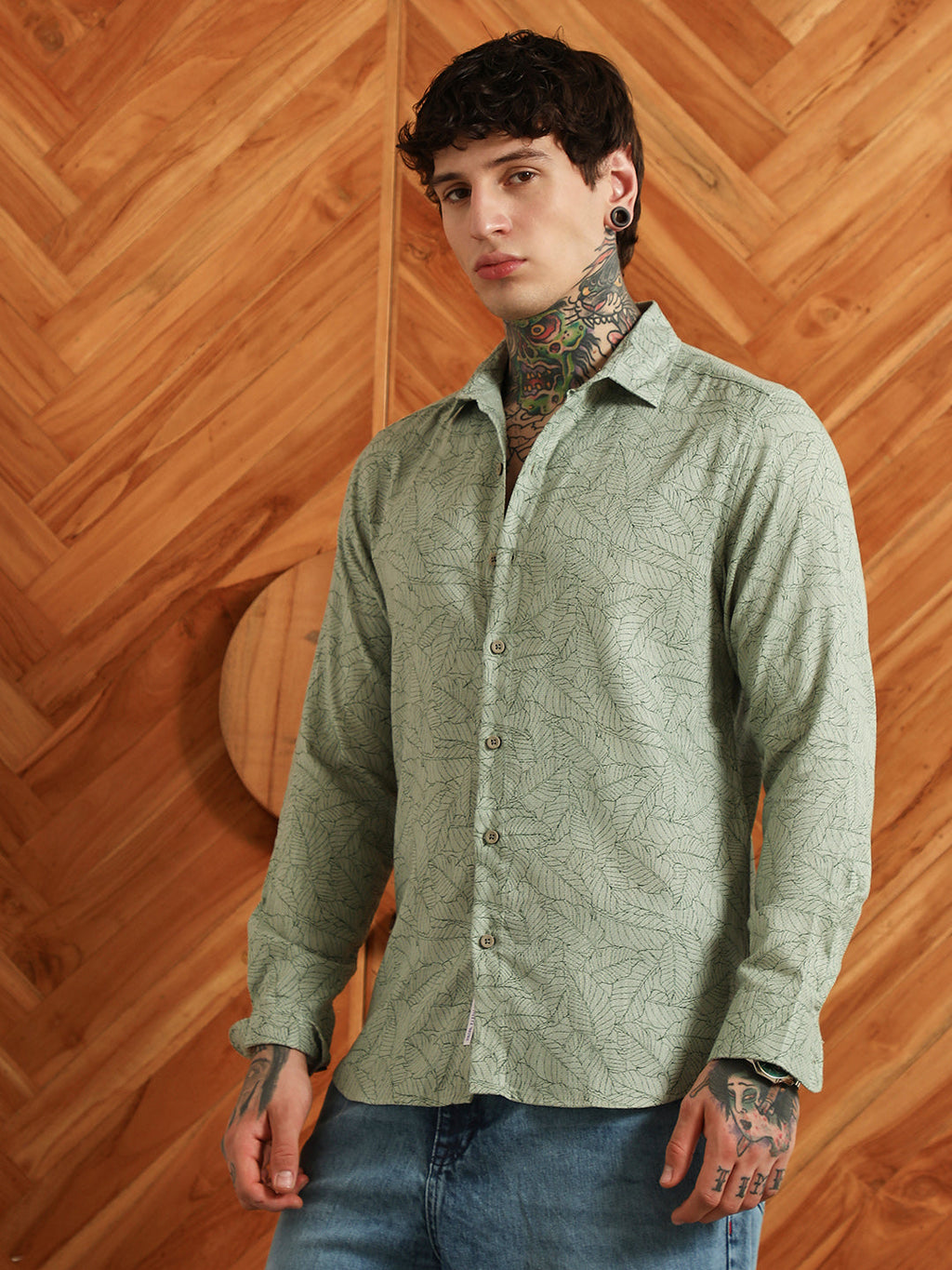 Light Green Leaf Pattern Slim Fit Shirt