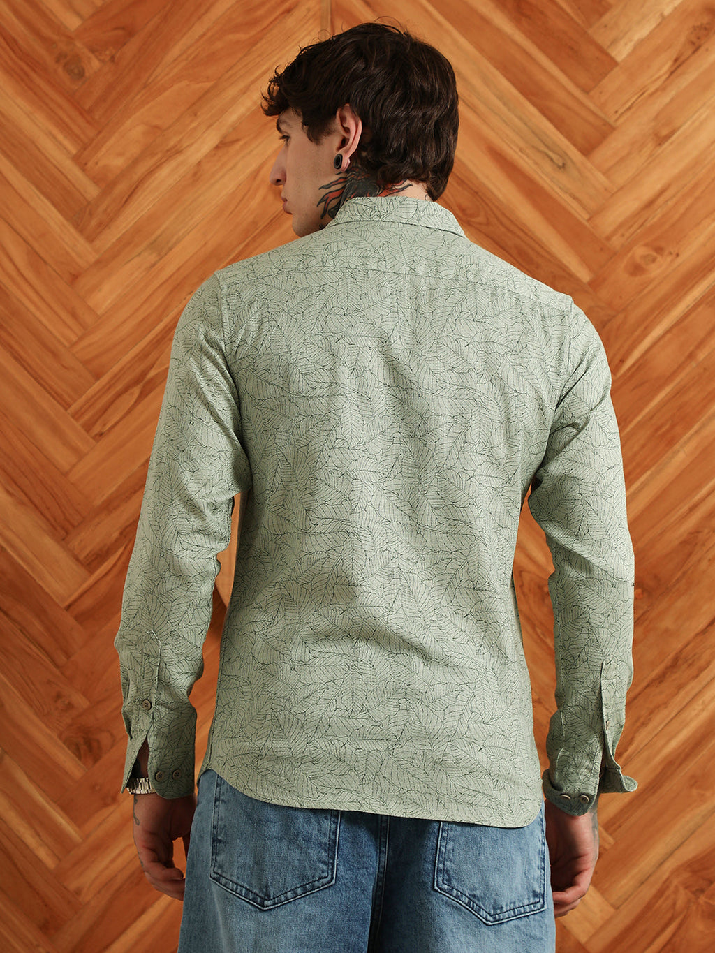 Light Green Leaf Pattern Slim Fit Shirt