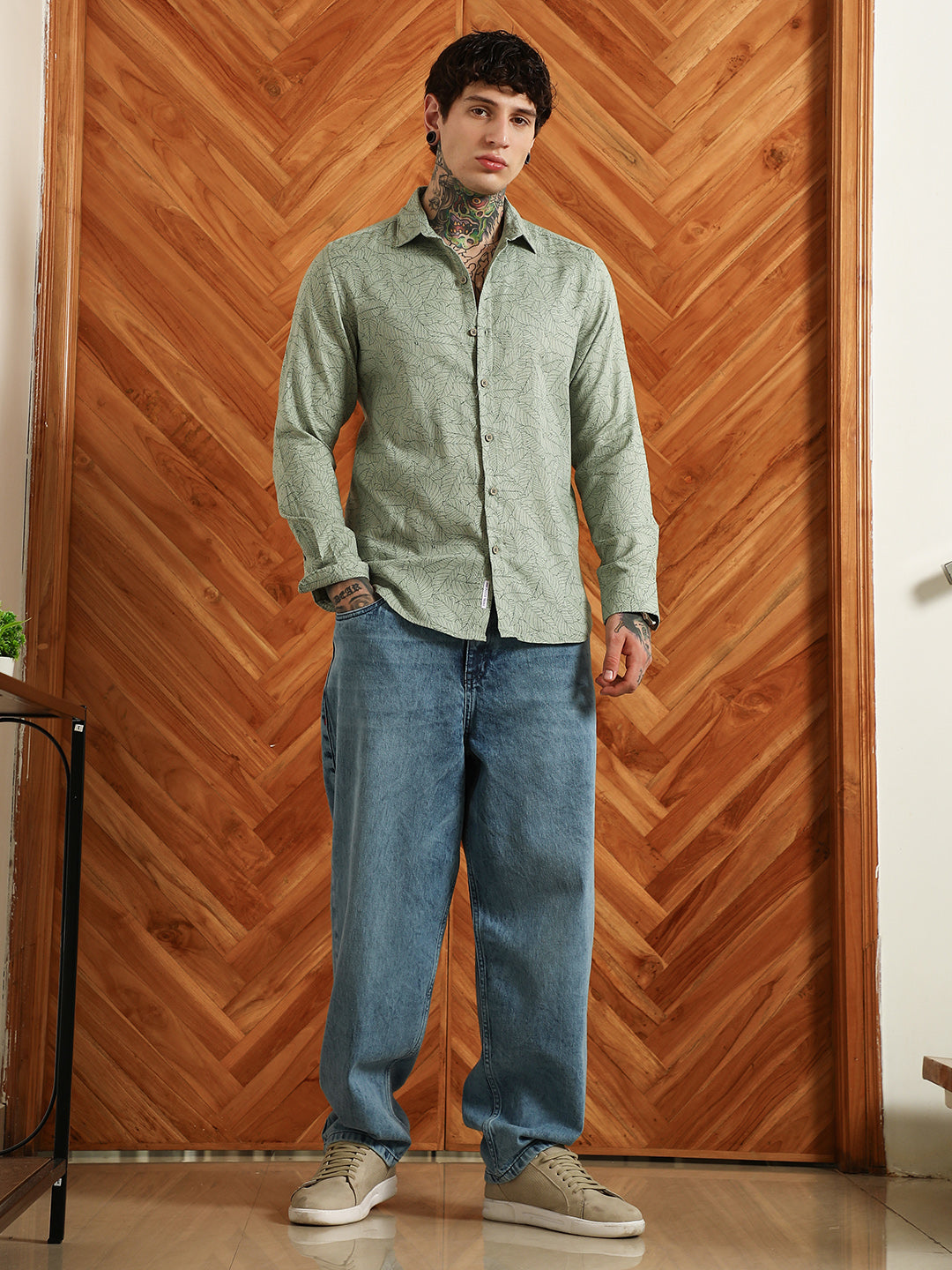 Light Green Leaf Pattern Slim Fit Shirt