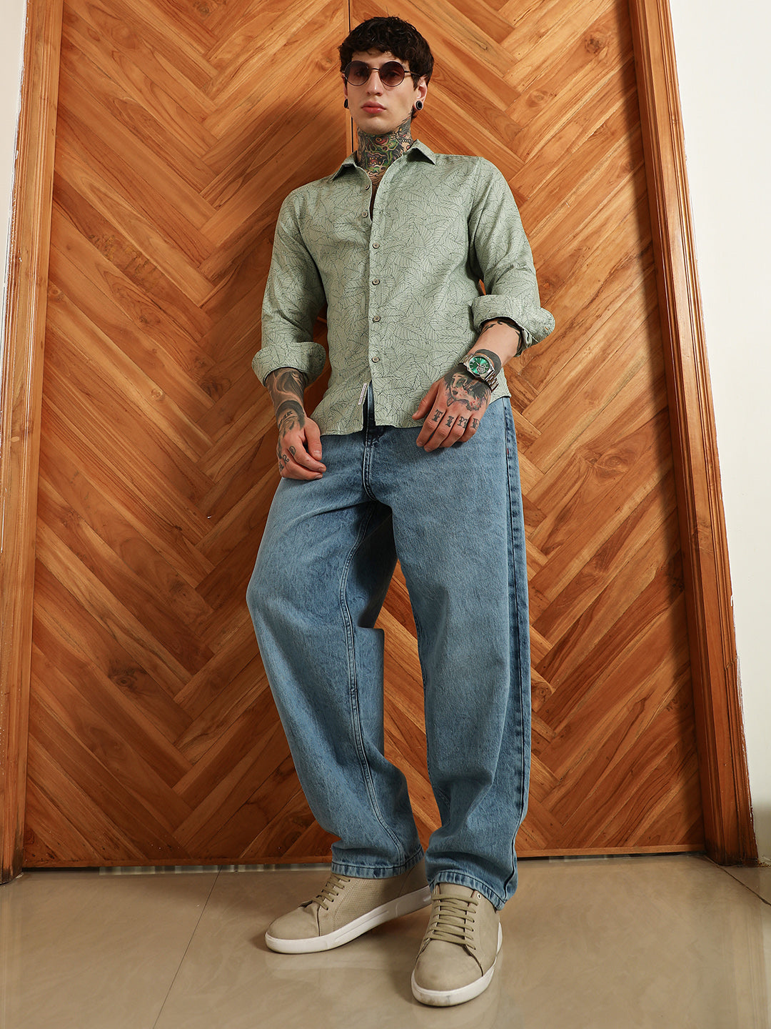 Light Green Leaf Pattern Slim Fit Shirt