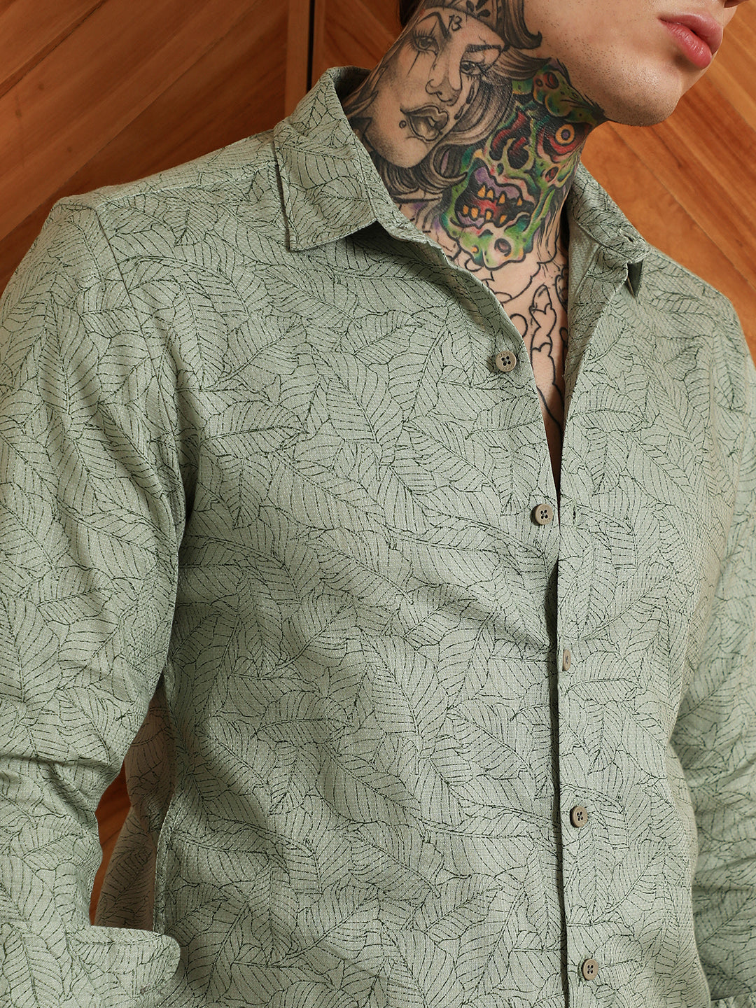 Light Green Leaf Pattern Slim Fit Shirt