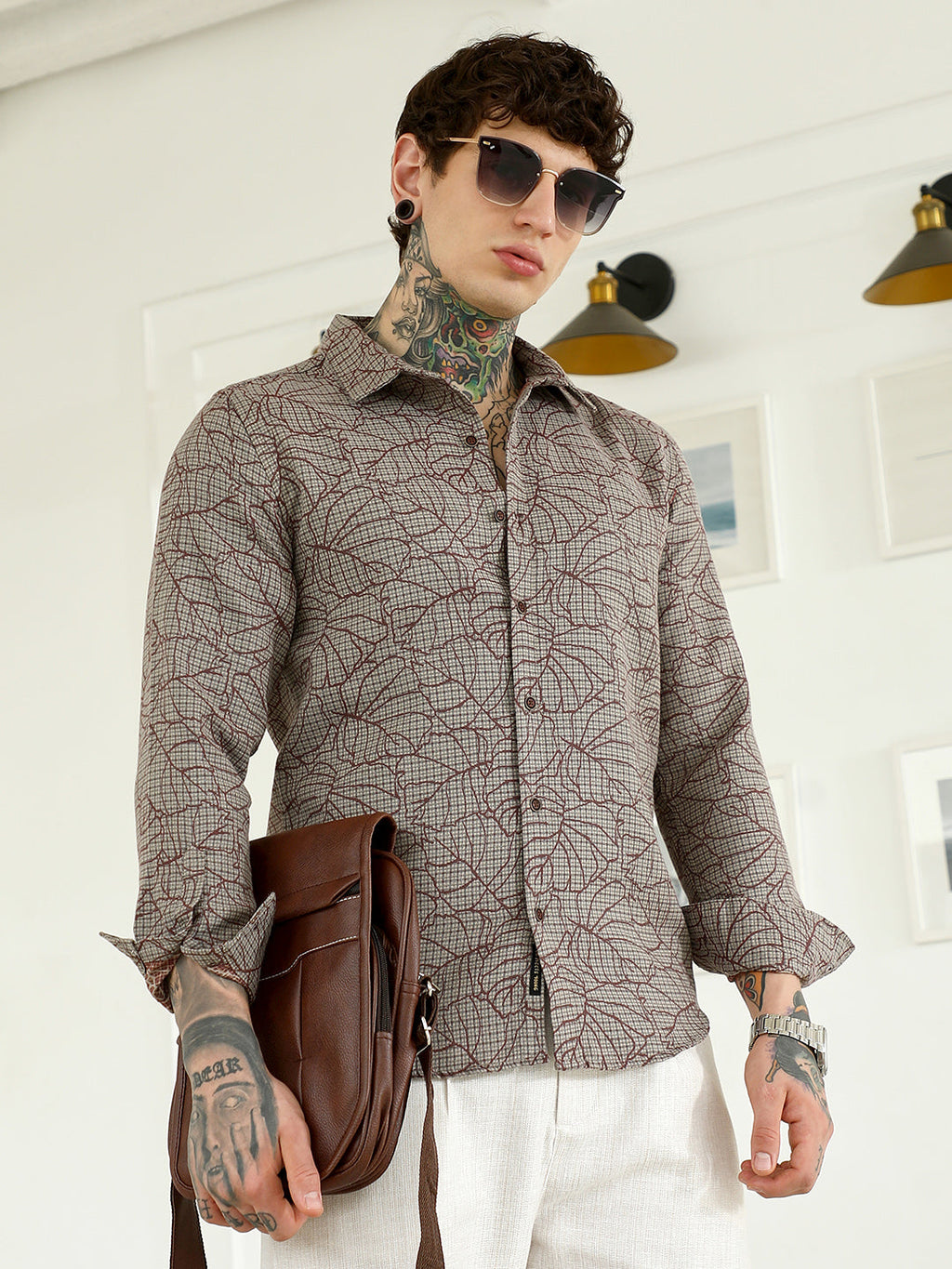 Slim Fit Abstract Patterned Cotton-Poly Blend Shirt