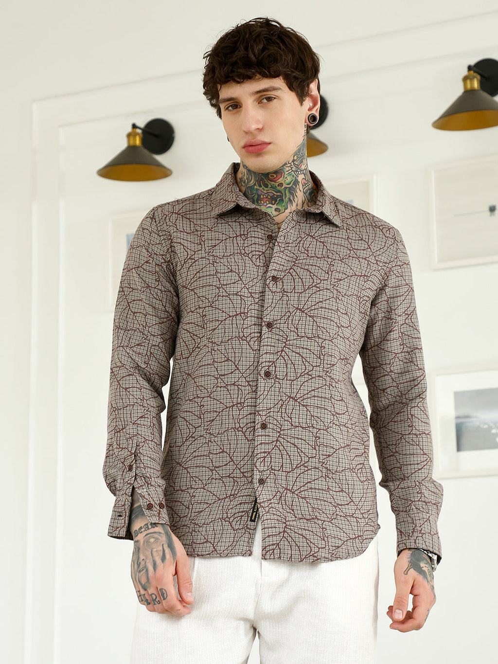 Slim Fit Abstract Patterned Cotton-Poly Blend Shirt