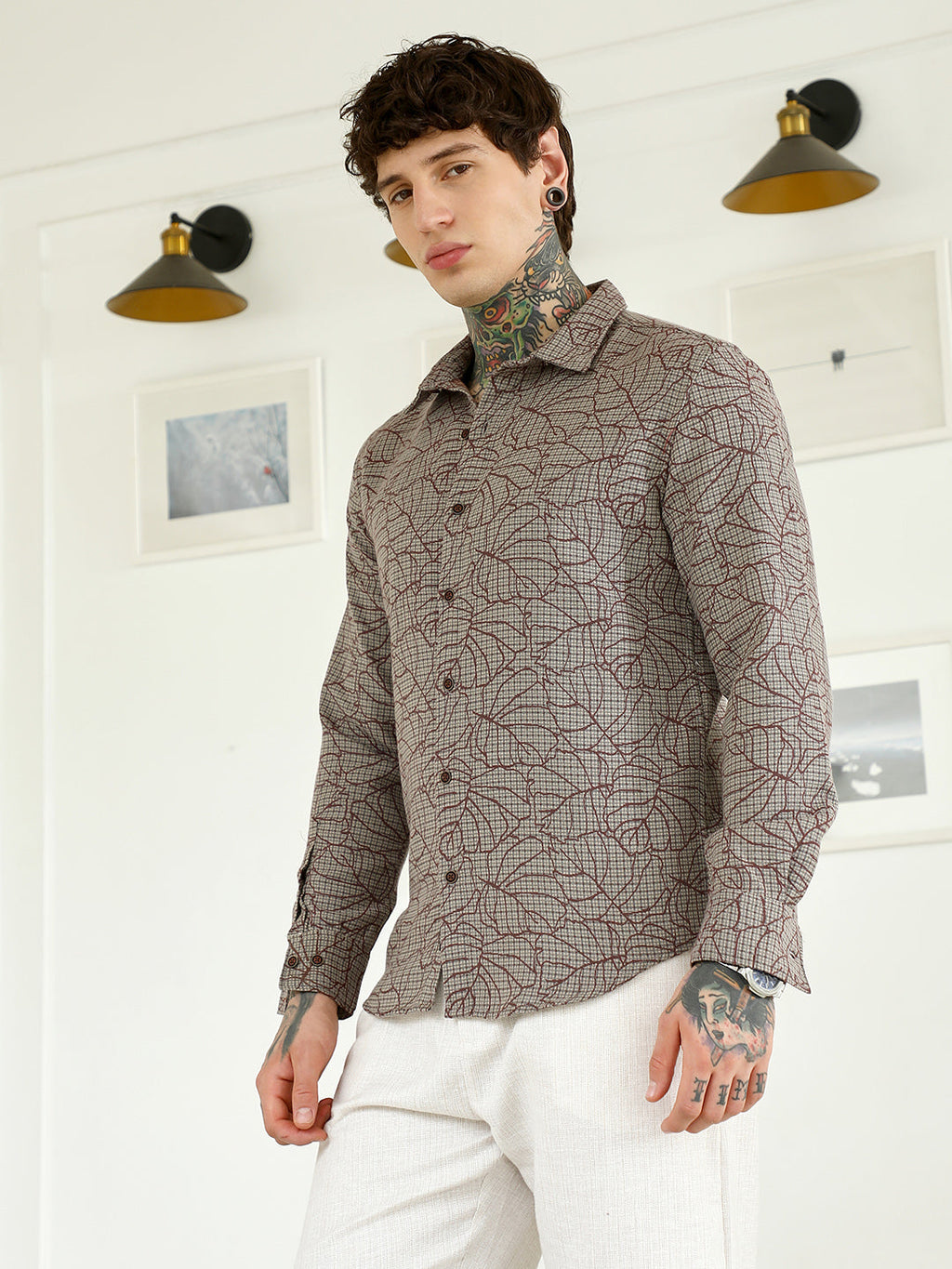 Slim Fit Abstract Patterned Cotton-Poly Blend Shirt