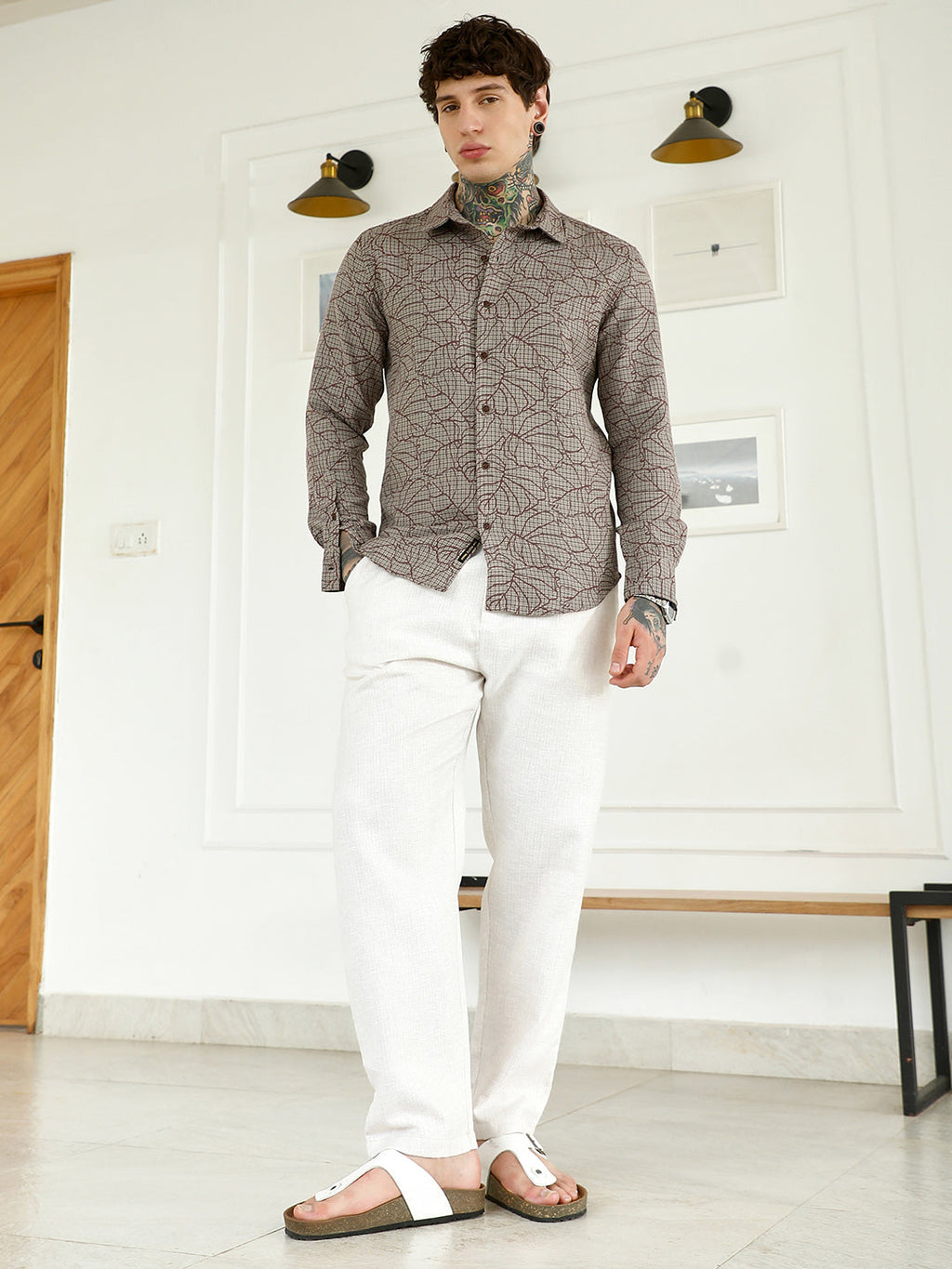 Slim Fit Abstract Patterned Cotton-Poly Blend Shirt