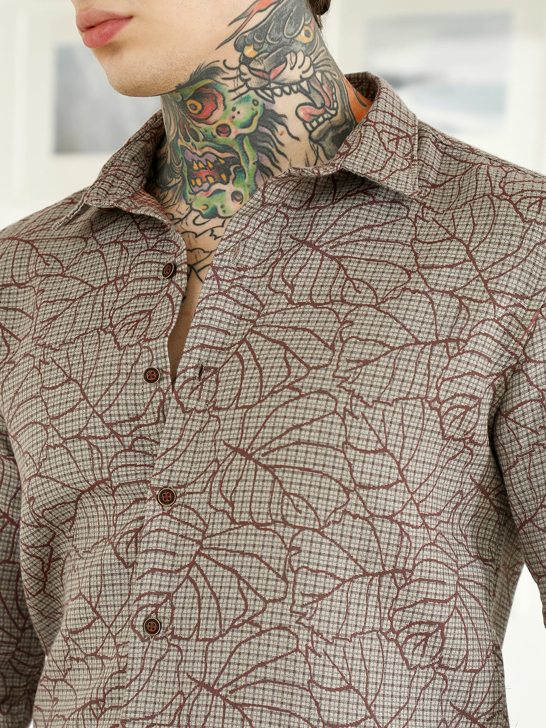 Slim Fit Abstract Patterned Cotton-Poly Blend Shirt
