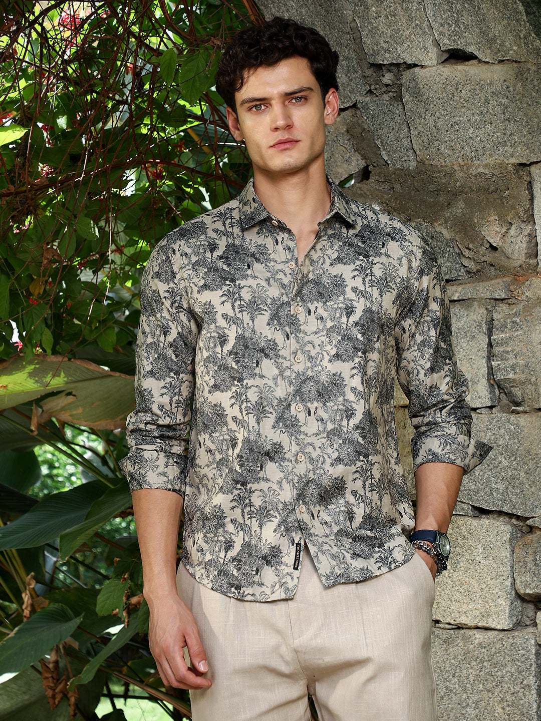 Ecru Beige & Charcoal Black Safari-Forest Jacquard Shirt