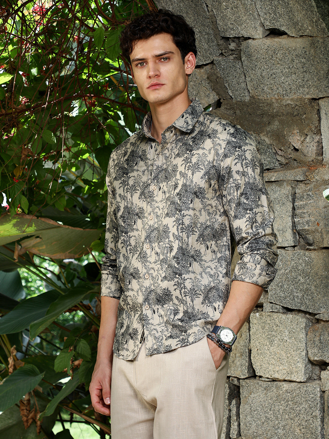 Ecru Beige & Charcoal Black Safari-Forest Jacquard Shirt
