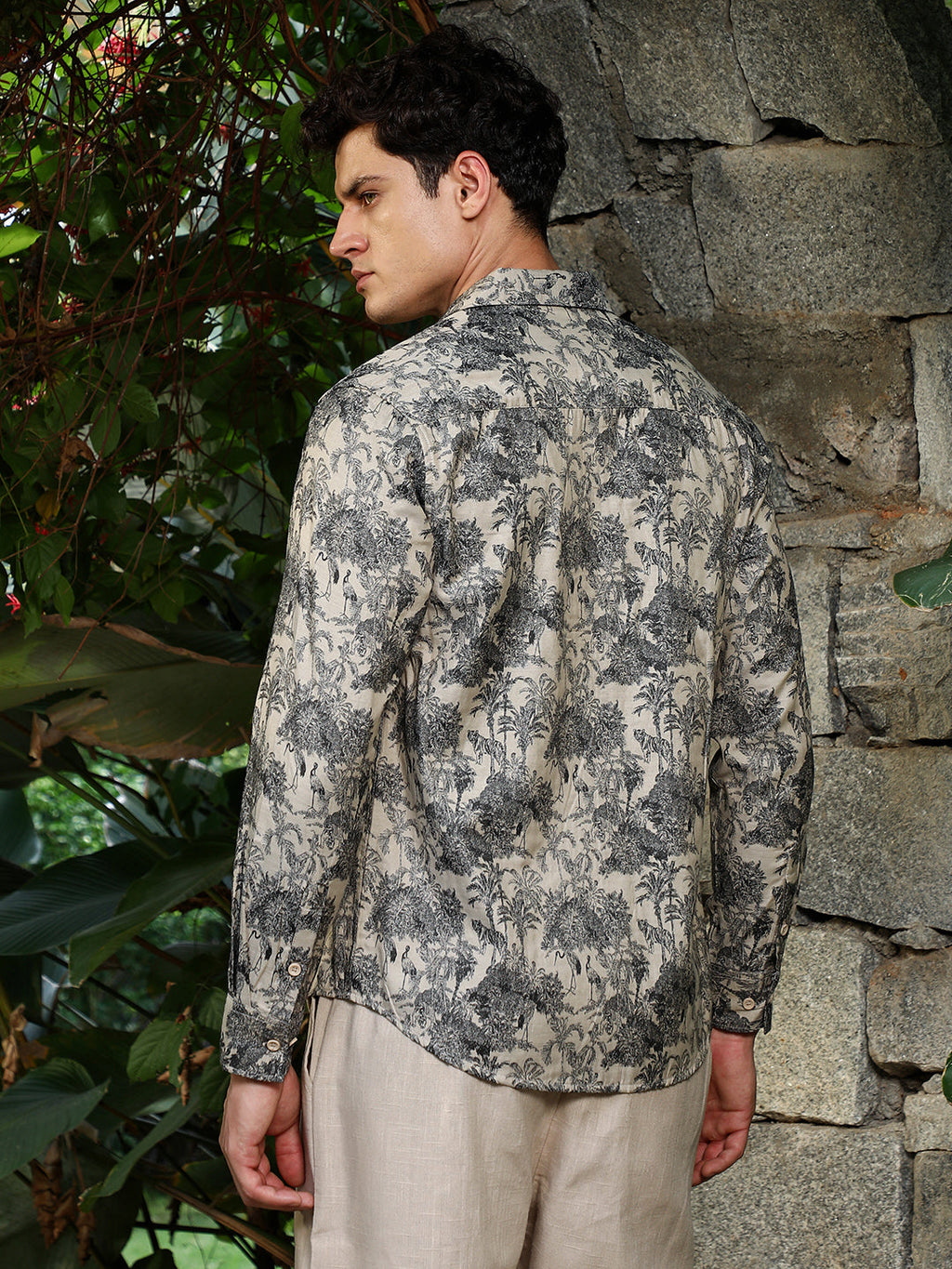 Ecru Beige & Charcoal Black Safari-Forest Jacquard Shirt