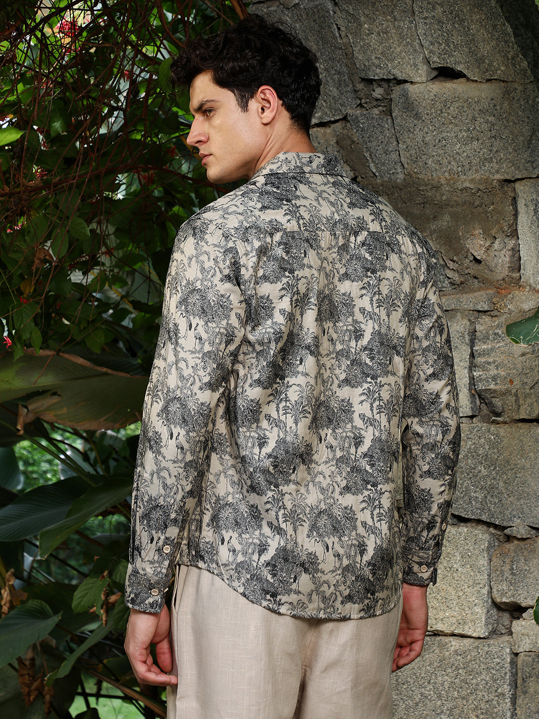 Ecru Beige & Charcoal Black Safari-Forest Jacquard Shirt
