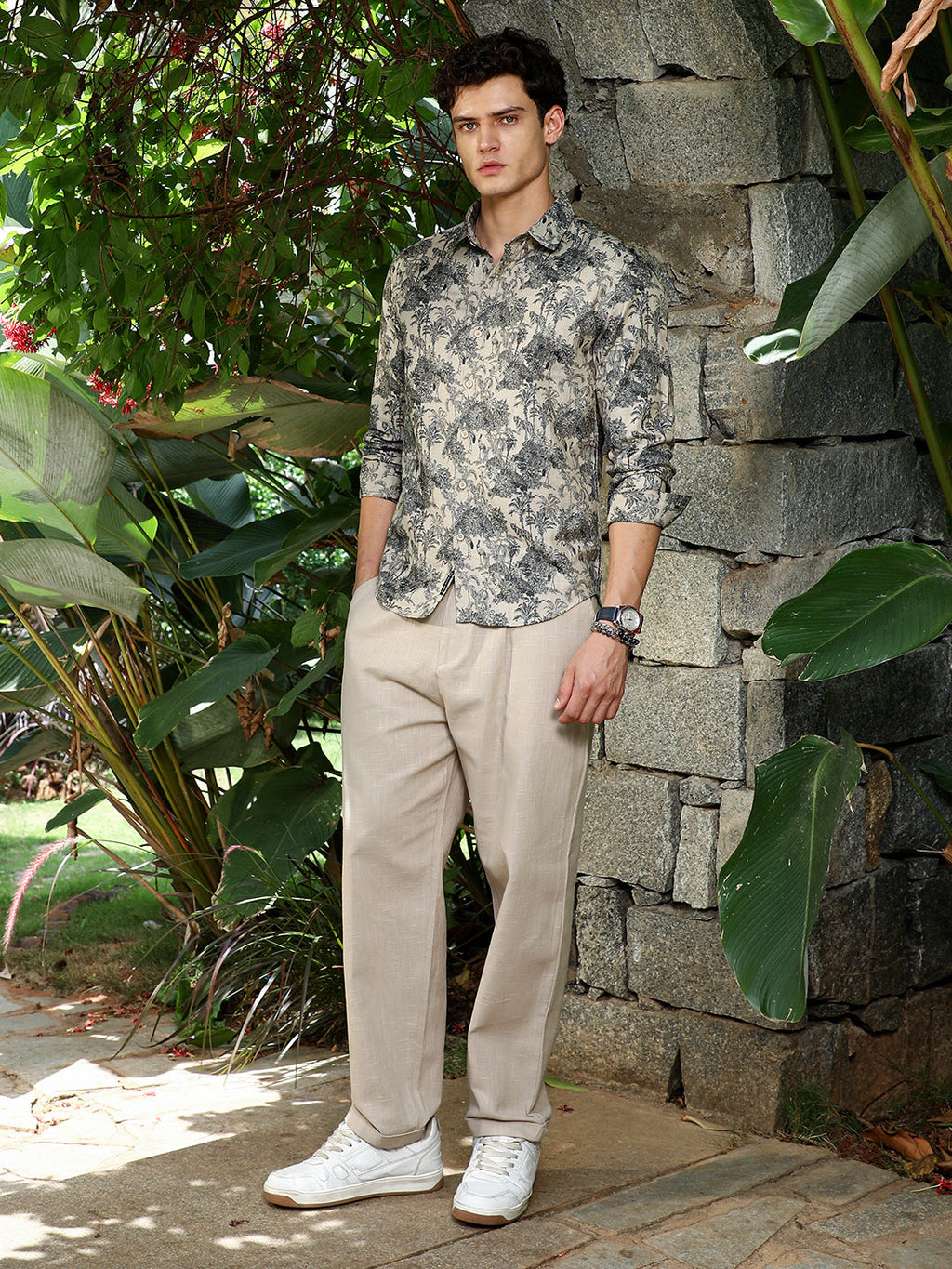 Ecru Beige & Charcoal Black Safari-Forest Jacquard Shirt