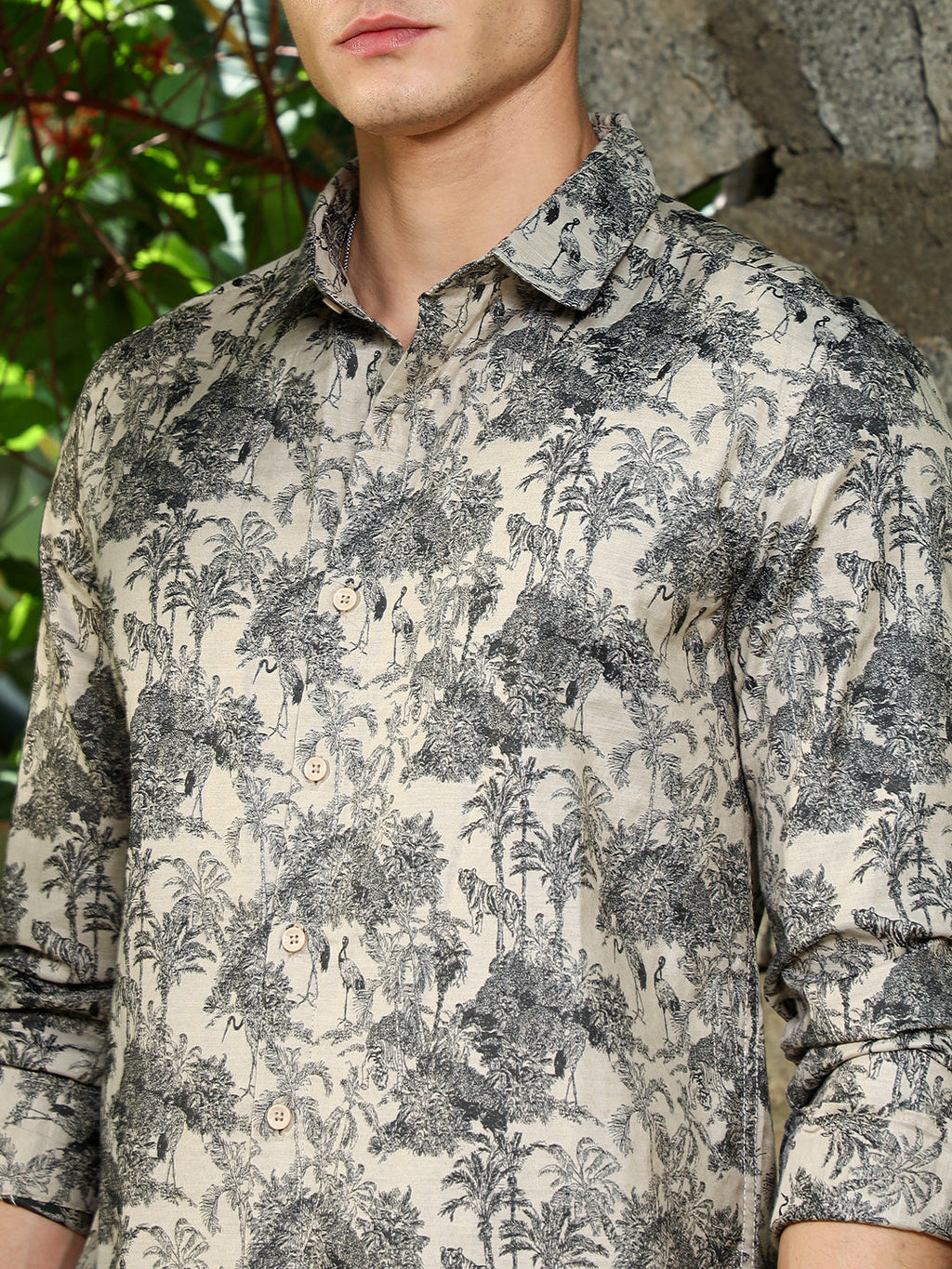 Ecru Beige & Charcoal Black Safari-Forest Jacquard Shirt