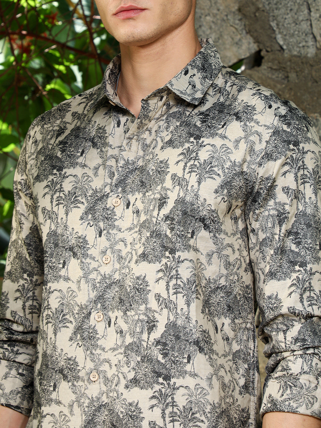 Ecru Beige & Charcoal Black Safari-Forest Jacquard Shirt