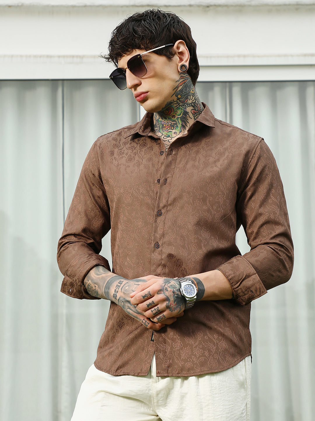 Slim Fit Brown Floral Jacquard Shirt