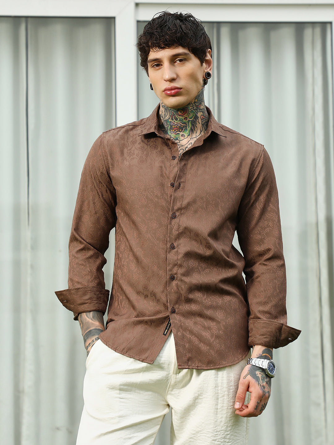 Slim Fit Brown Floral Jacquard Shirt