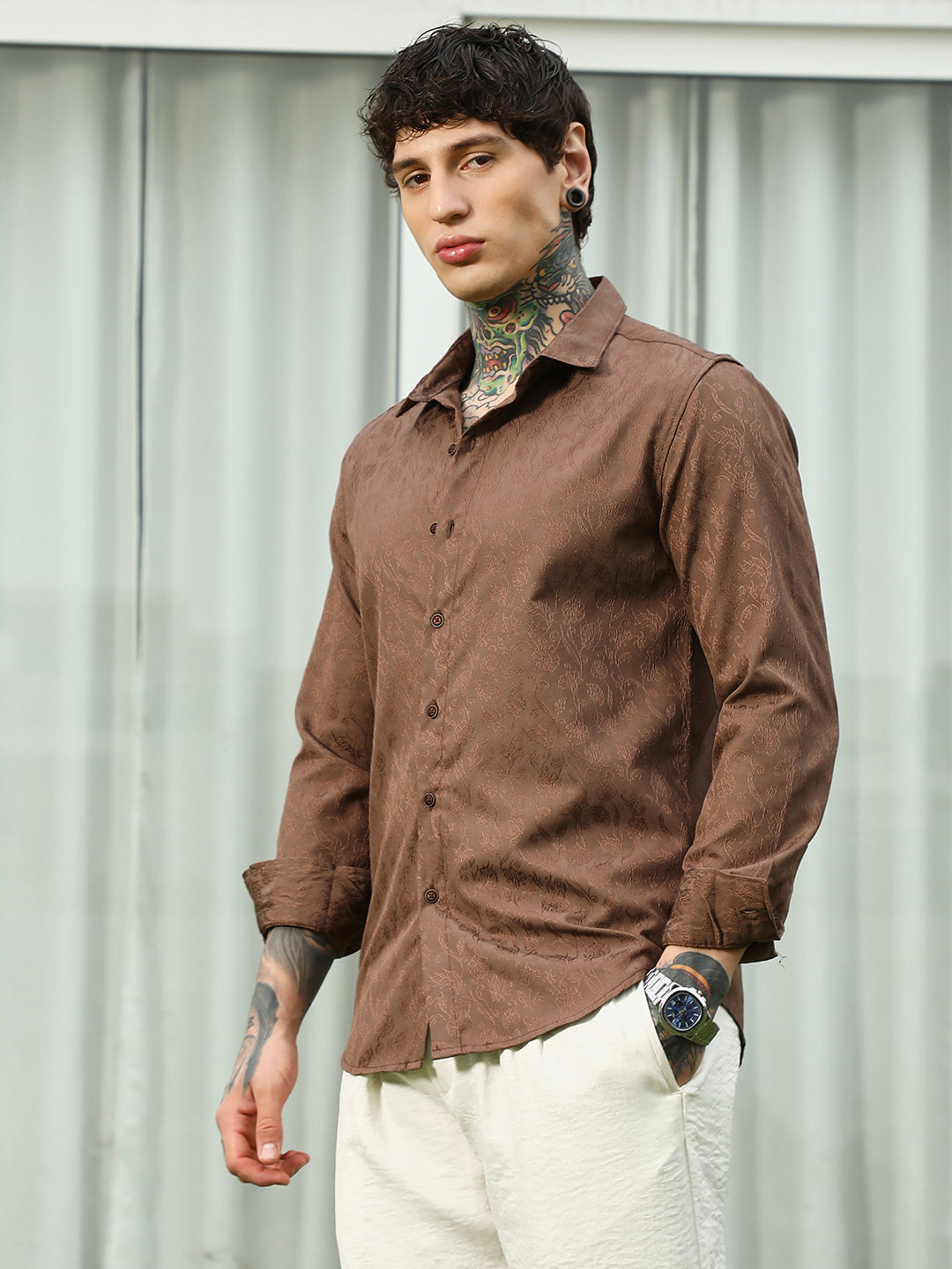 Slim Fit Brown Floral Jacquard Shirt