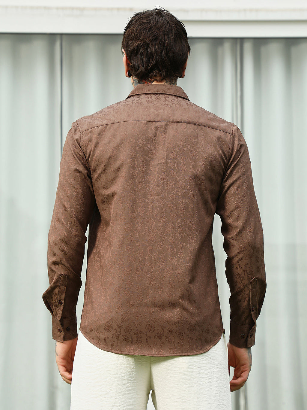 Slim Fit Brown Floral Jacquard Shirt