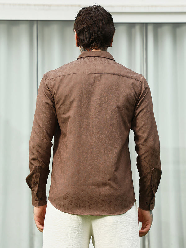 Slim Fit Brown Floral Jacquard Shirt