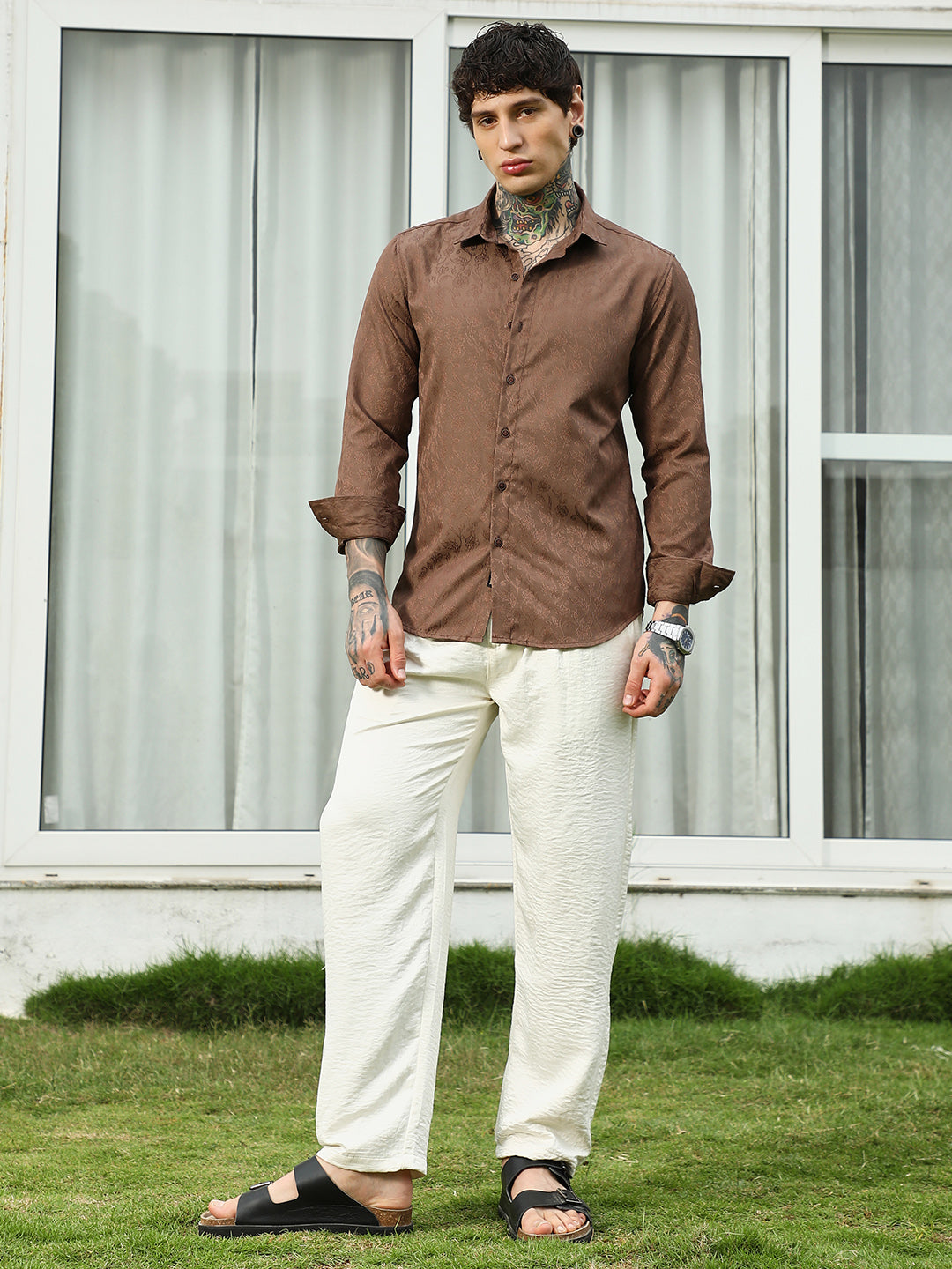 Slim Fit Brown Floral Jacquard Shirt