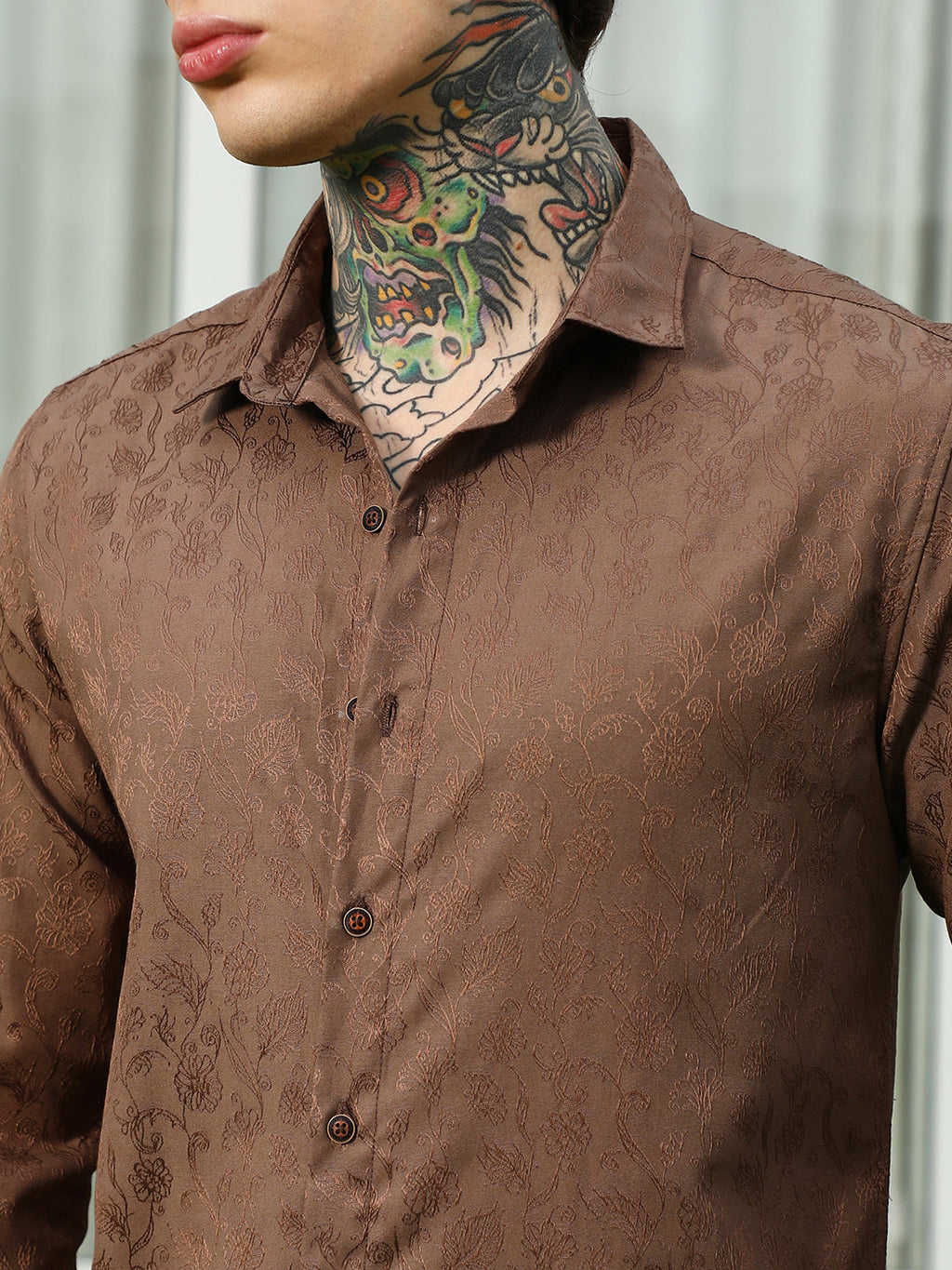 Slim Fit Brown Floral Jacquard Shirt