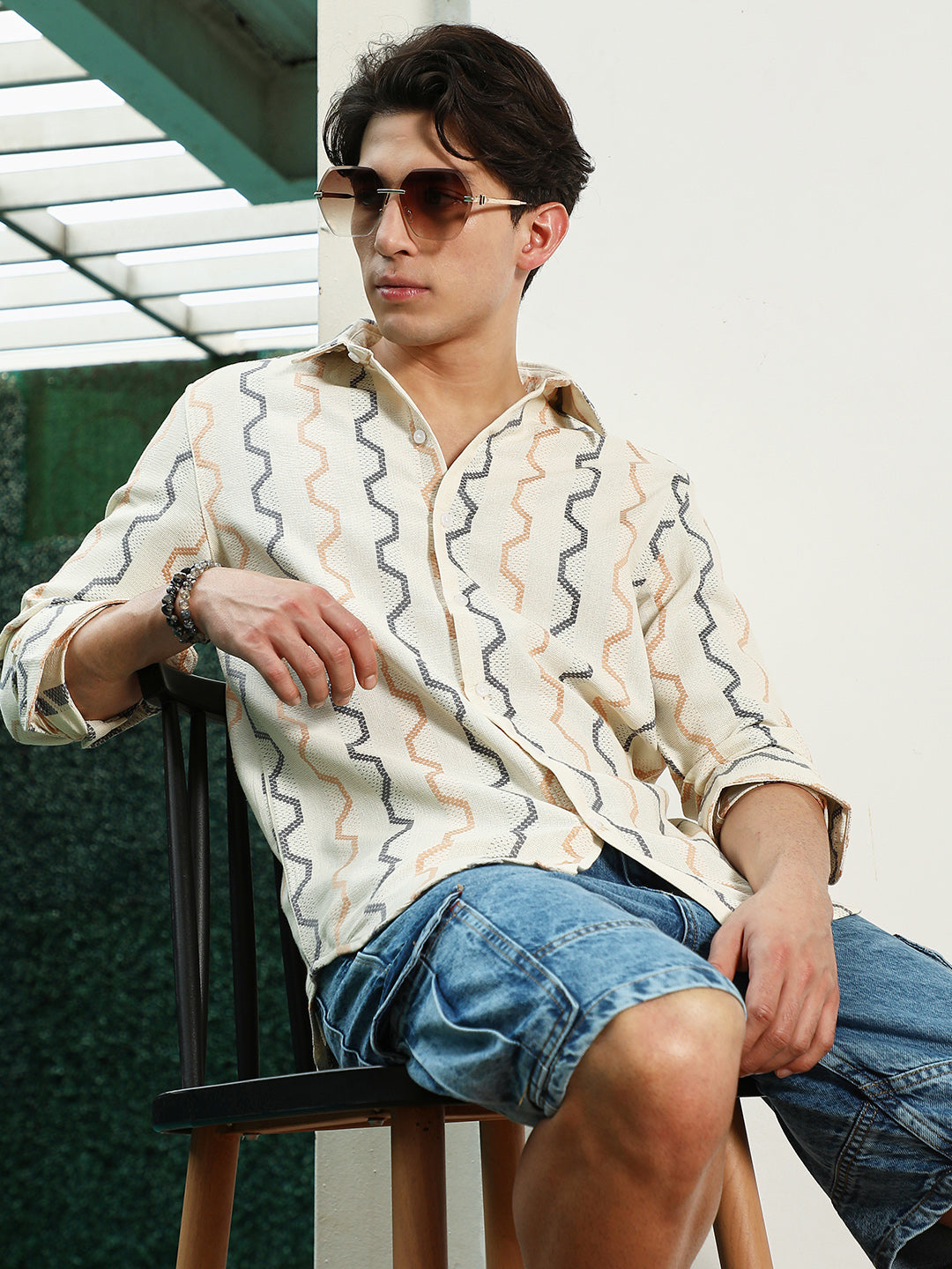 Off White Zigzag Pattern Full Sleeve Cotton Blend Shirt