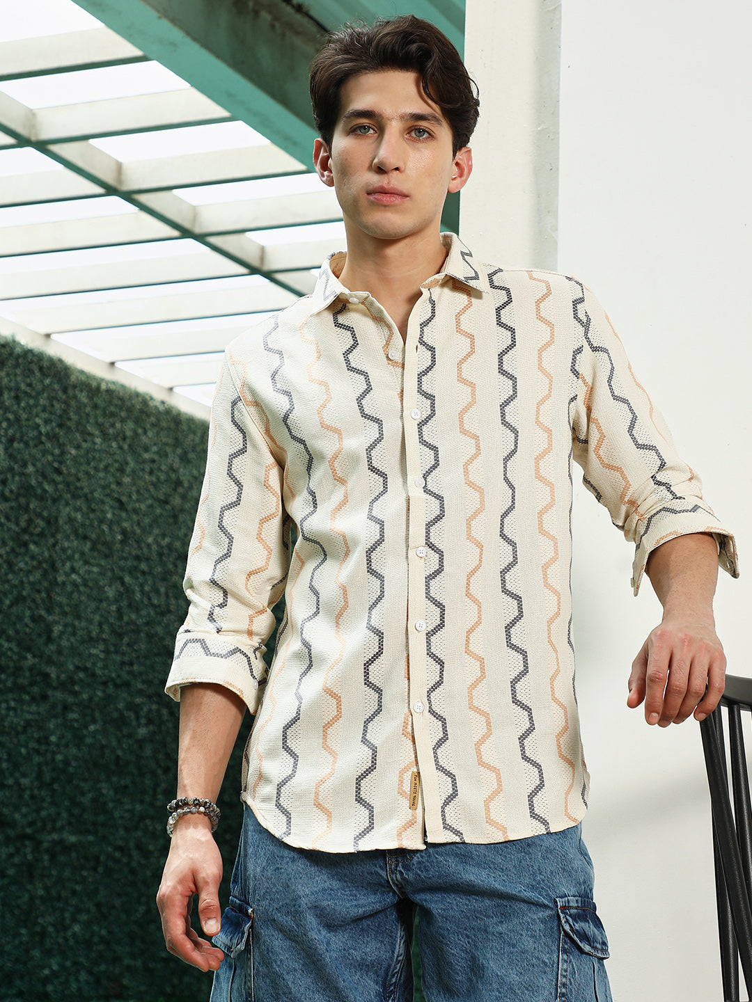 Off White Zigzag Pattern Full Sleeve Cotton Blend Shirt