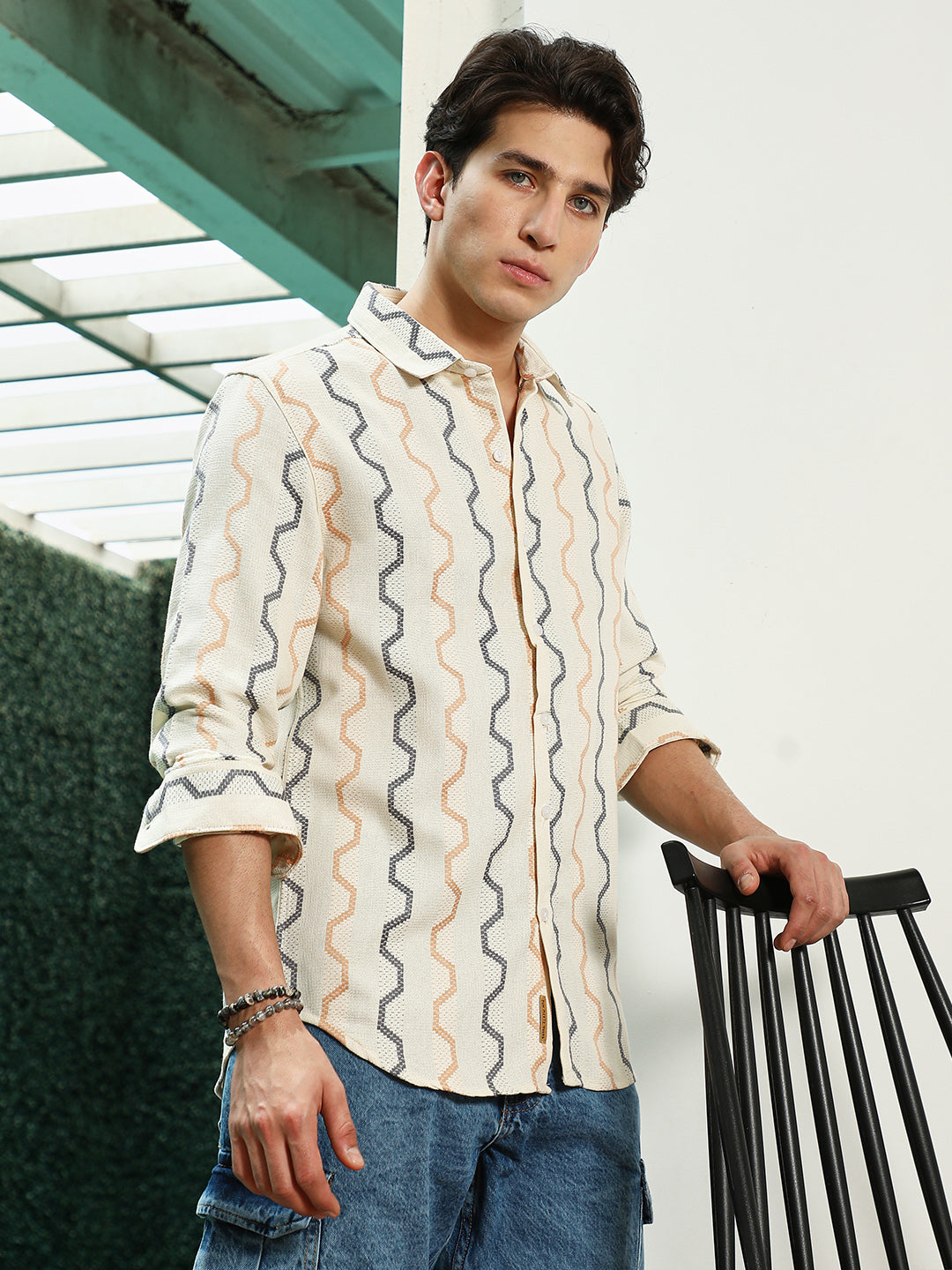 Off White Zigzag Pattern Full Sleeve Cotton Blend Shirt