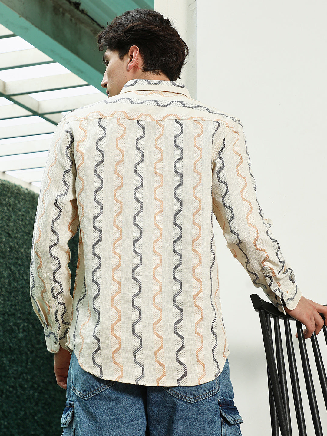 Off White Zigzag Pattern Full Sleeve Cotton Blend Shirt