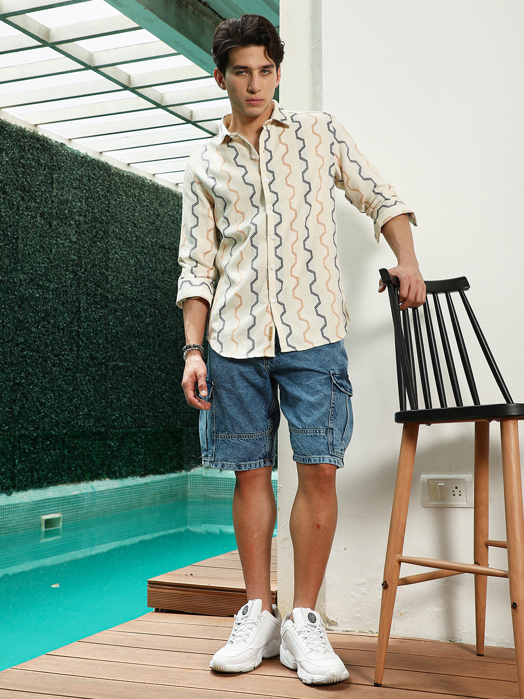 Off White Zigzag Pattern Full Sleeve Cotton Blend Shirt