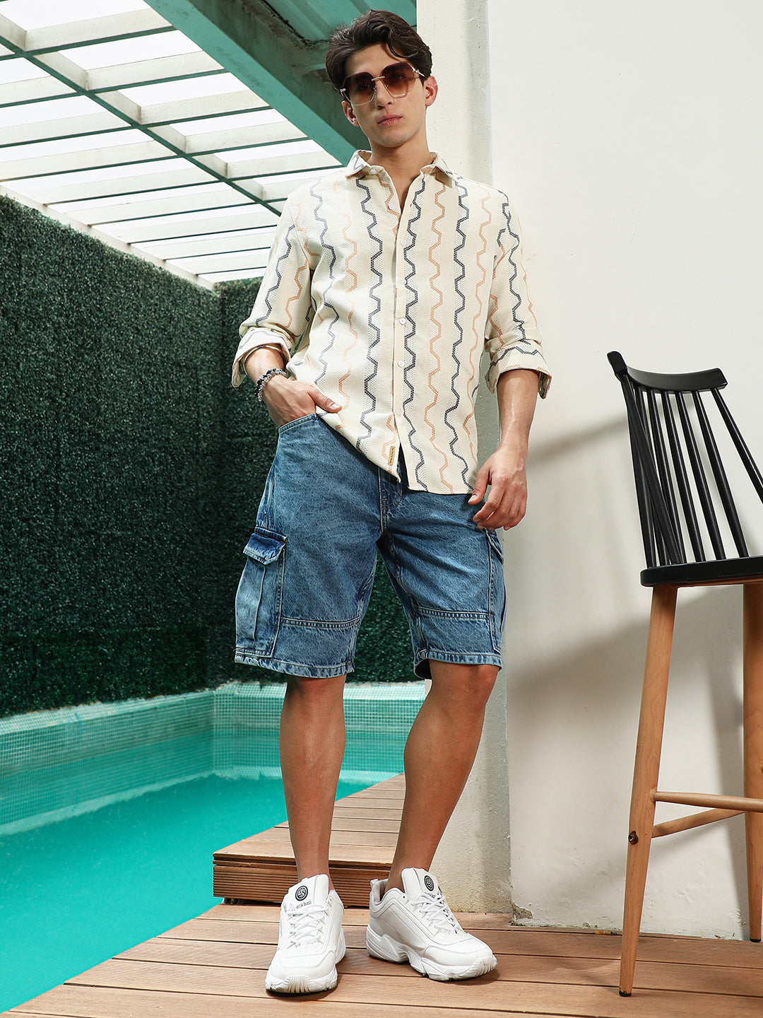 Off White Zigzag Pattern Full Sleeve Cotton Blend Shirt