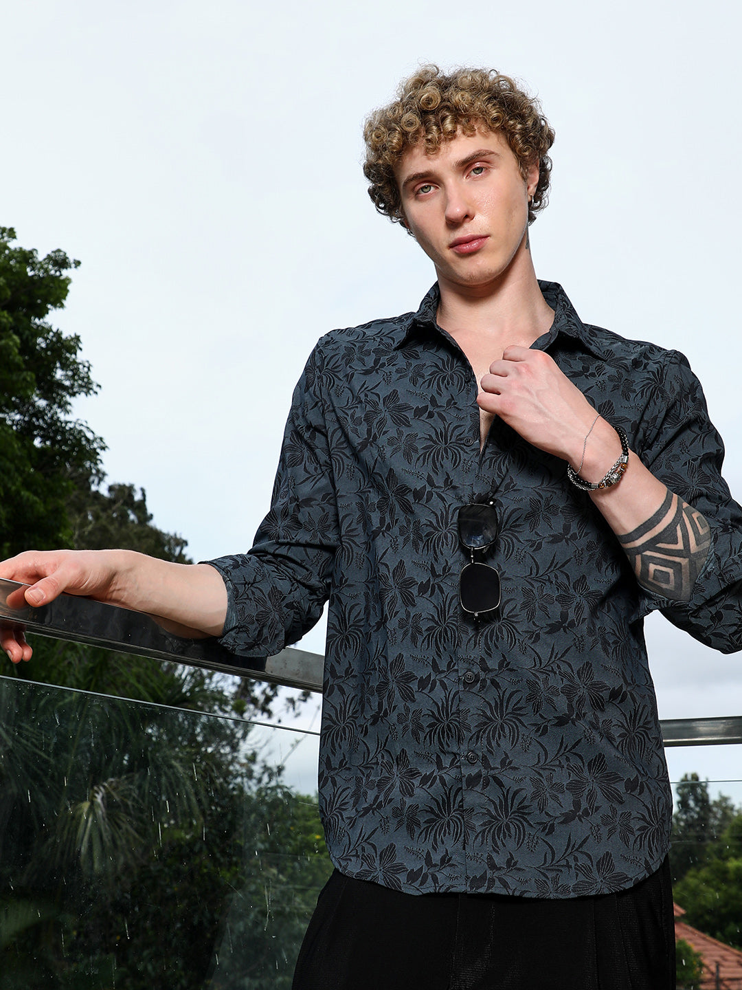 Dark Grey Floral Pattern Slim Fit Shirt