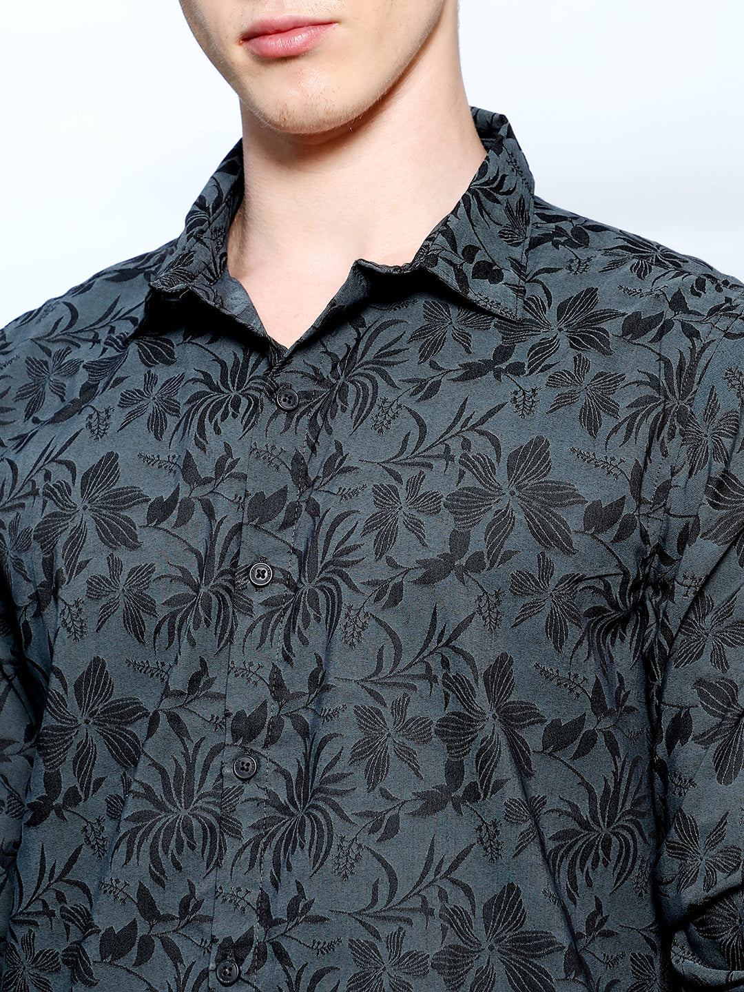 Dark Grey Floral Pattern Slim Fit Shirt