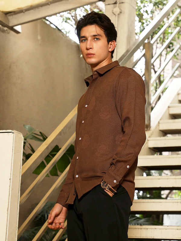 chocolate brown men's dress shirt Hi-Tie Brown Dress Shirt Solid Satin Men's Long Sleeve Dress Shirt, S main image 0