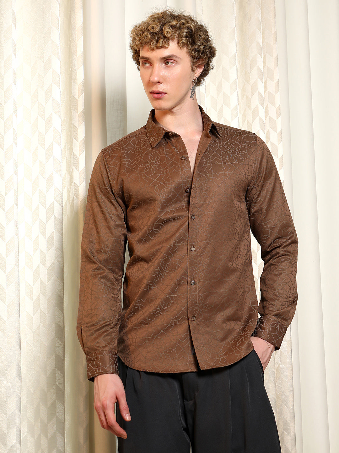 Brown Jacquard Full Sleeve Tailored Fit Shirt