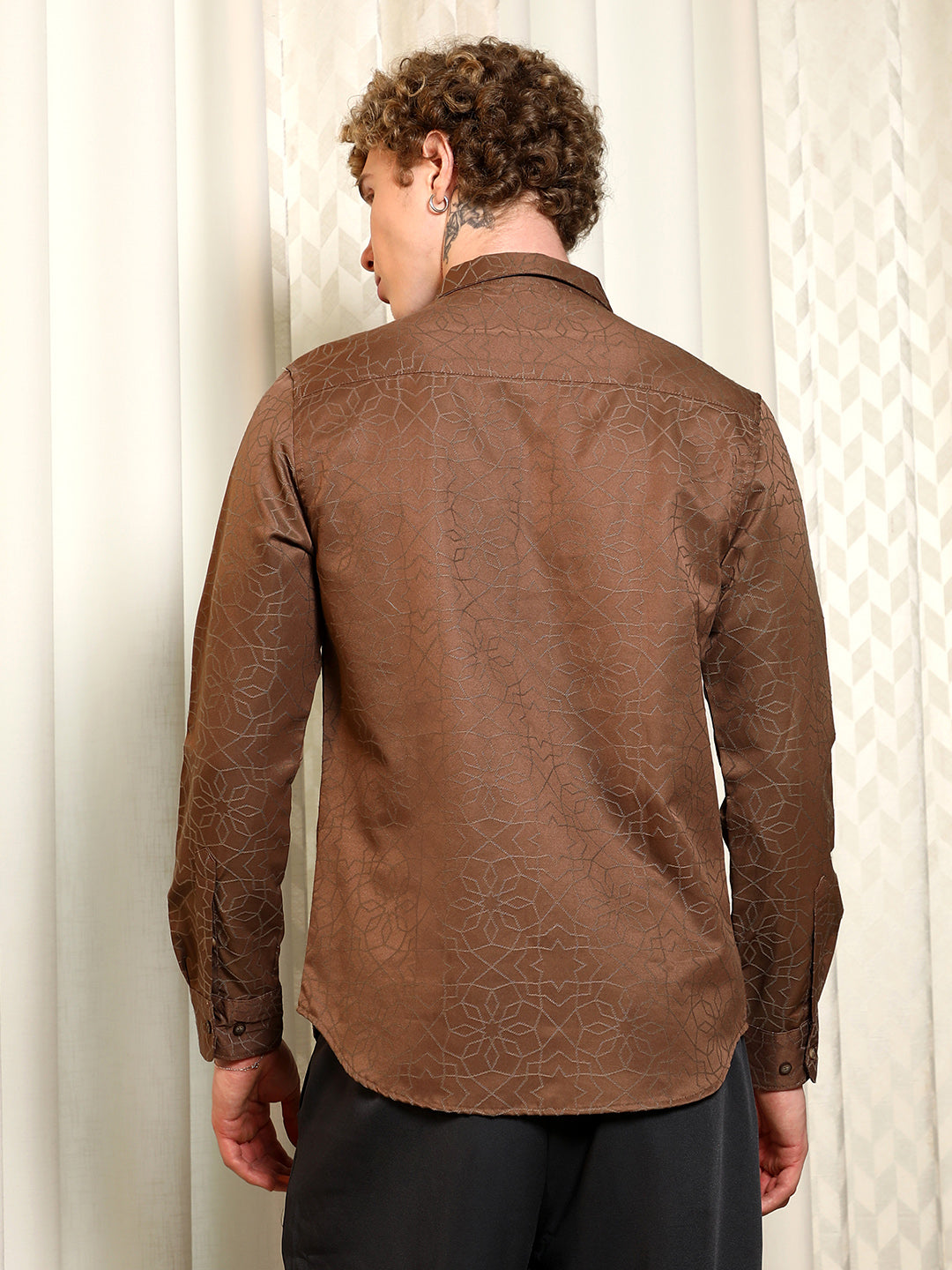 Brown Jacquard Full Sleeve Tailored Fit Shirt