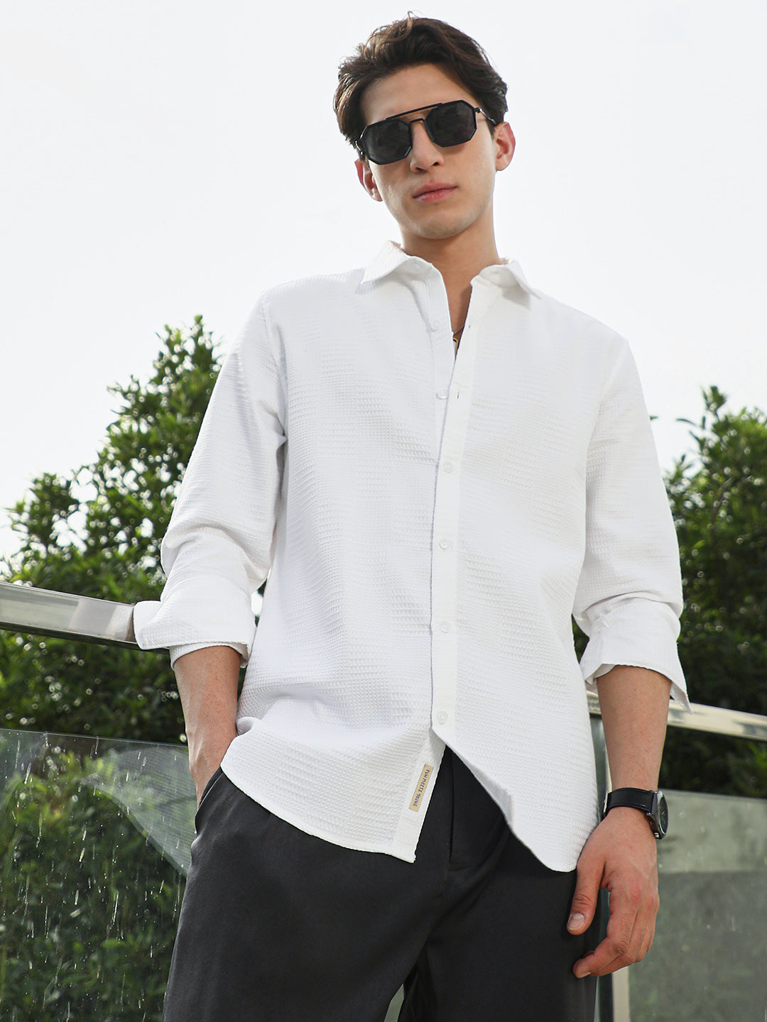 White Textured Cotton Blend Full Sleeve Shirt