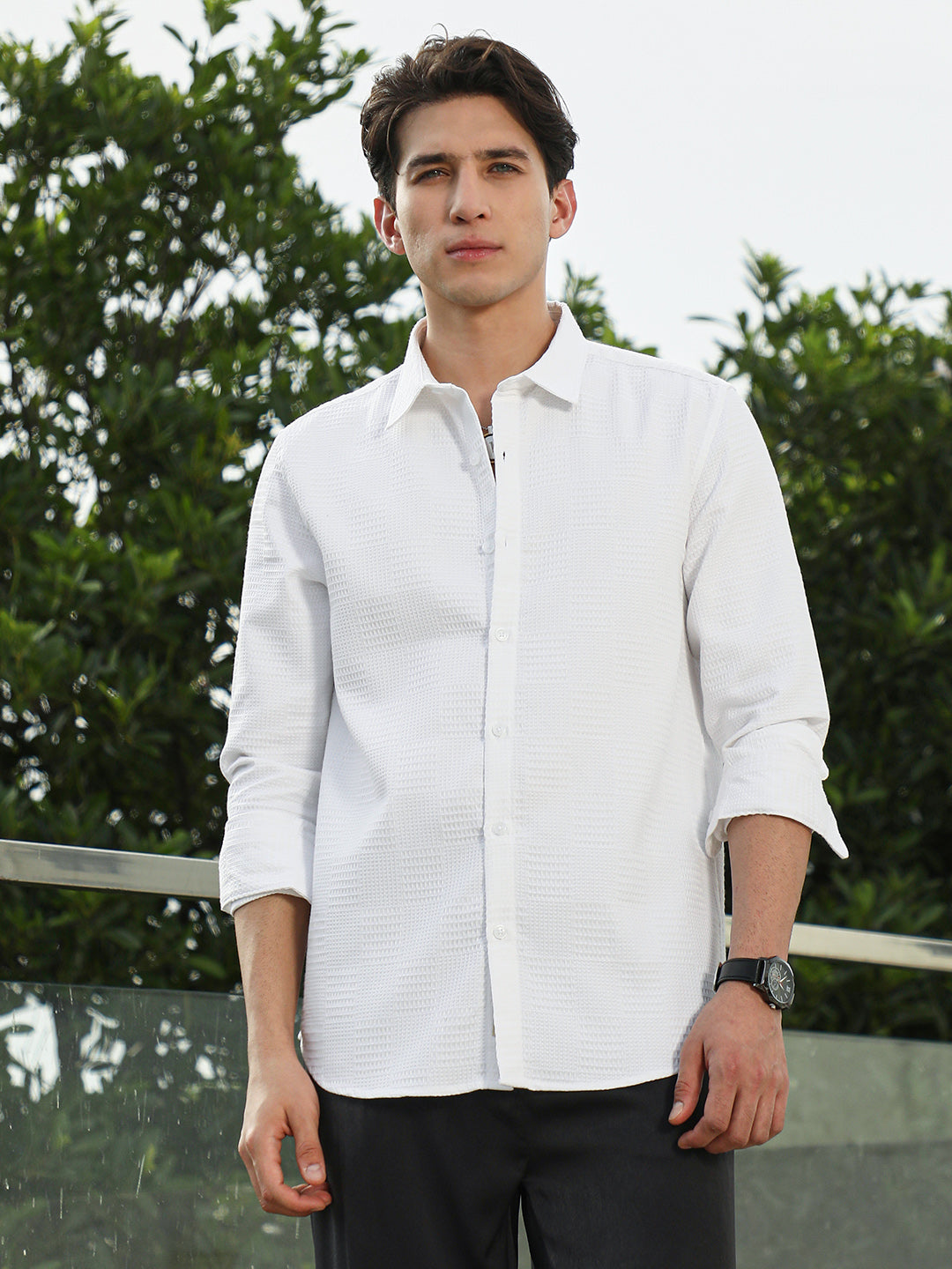 White Textured Cotton Blend Full Sleeve Shirt