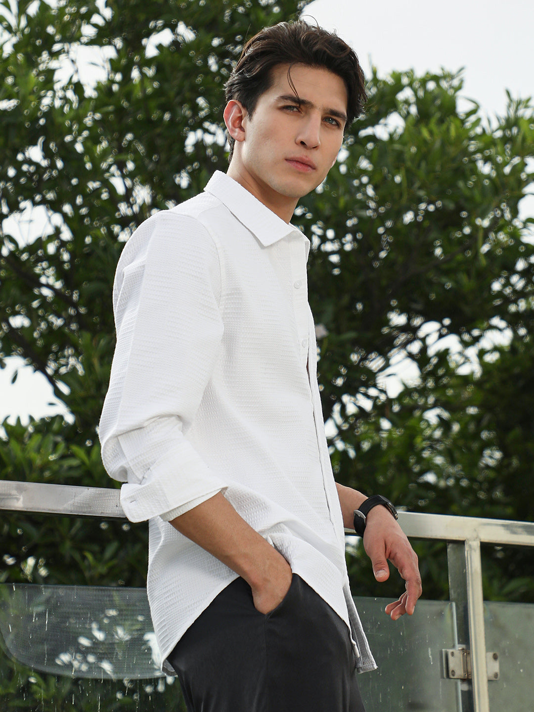 White Textured Cotton Blend Full Sleeve Shirt