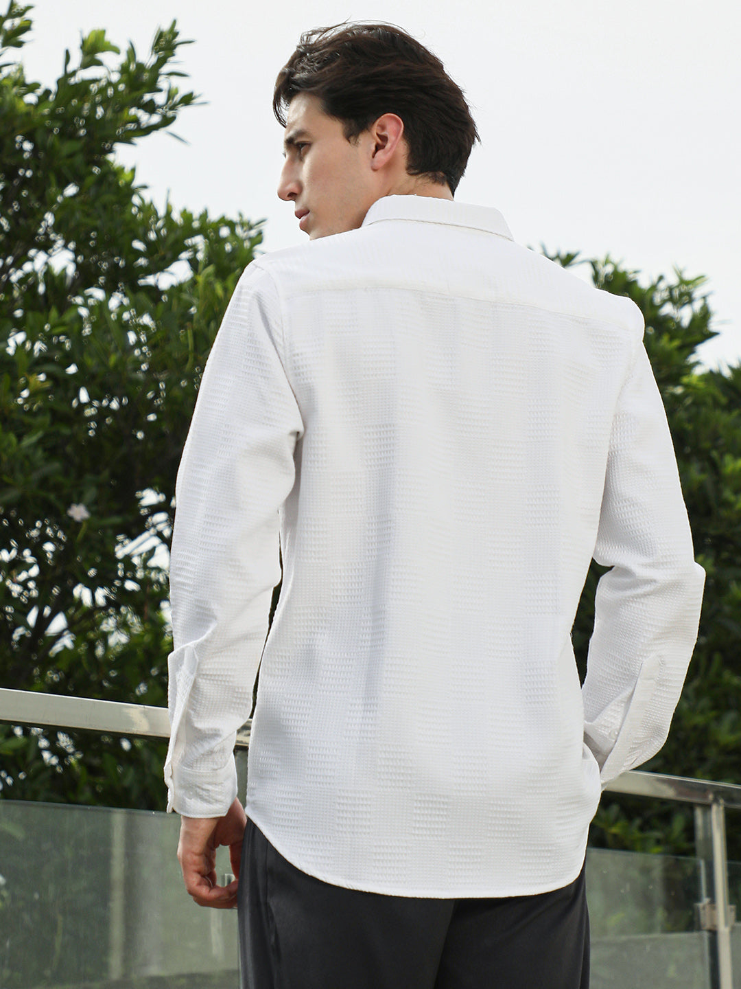 White Textured Cotton Blend Full Sleeve Shirt